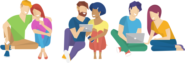 Illustration of people sitting, looking at a laptop and mobile phone and smiling.